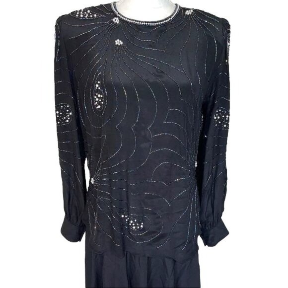 Argenti Notte Beaded Silk Skirt Set Womens Size Medium M Vintage Zipper Black - Picture 5 of 12